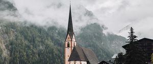 Preview wallpaper building, architecture, forest, trees, tower, fog