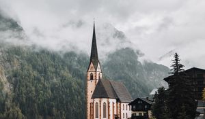 Preview wallpaper building, architecture, forest, trees, tower, fog