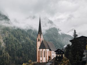 Preview wallpaper building, architecture, forest, trees, tower, fog