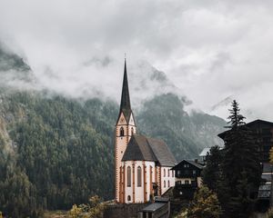 Preview wallpaper building, architecture, forest, trees, tower, fog