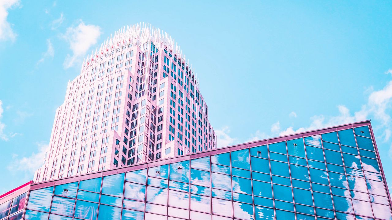 Wallpaper building, architecture, glass, reflection, clouds