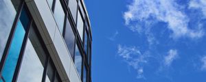 Preview wallpaper building, architecture, glass, sky, blue, bottom view