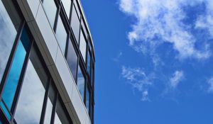 Preview wallpaper building, architecture, glass, sky, blue, bottom view