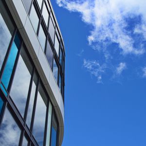 Preview wallpaper building, architecture, glass, sky, blue, bottom view