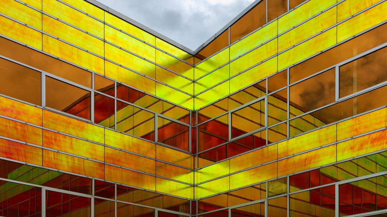 Wallpaper building, architecture, glass, reflection, yellow