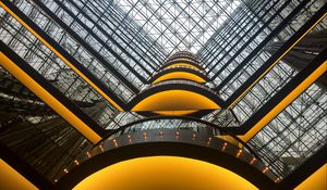 Preview wallpaper building, architecture, glass, reflection, bottom view, yellow