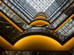 Preview wallpaper building, architecture, glass, reflection, bottom view, yellow