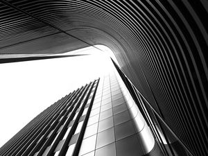 Preview wallpaper building, architecture, lines, curves, black and white