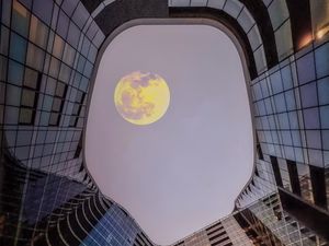 Preview wallpaper building, architecture, moon, sky, bottom view