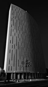 Preview wallpaper building, architecture, palm tree, road, black and white