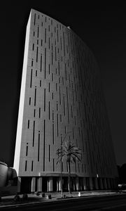 Preview wallpaper building, architecture, palm tree, road, black and white