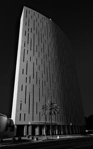 Preview wallpaper building, architecture, palm tree, road, black and white