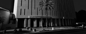 Preview wallpaper building, architecture, palm tree, road, black and white