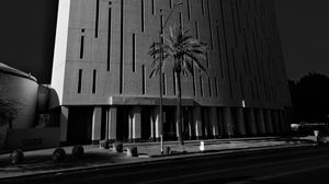 Preview wallpaper building, architecture, palm tree, road, black and white