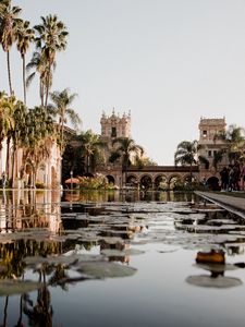 Preview wallpaper building, architecture, palm trees, pool, reflection