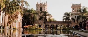 Preview wallpaper building, architecture, palm trees, pool, reflection