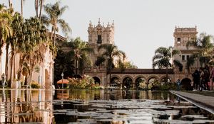 Preview wallpaper building, architecture, palm trees, pool, reflection