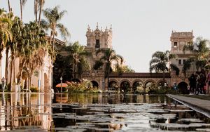 Preview wallpaper building, architecture, palm trees, pool, reflection