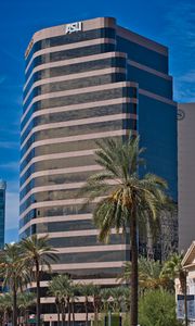 Preview wallpaper building, architecture, palms, trees