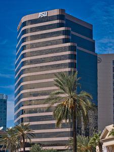 Preview wallpaper building, architecture, palms, trees