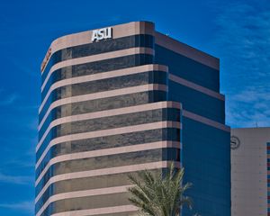 Preview wallpaper building, architecture, palms, trees