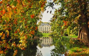 Preview wallpaper building, architecture, river, trees, landscape