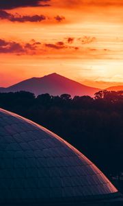 Preview wallpaper building, architecture, roof, sunset, mountains, trees