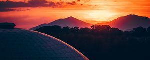 Preview wallpaper building, architecture, roof, sunset, mountains, trees