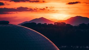 Preview wallpaper building, architecture, roof, sunset, mountains, trees