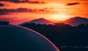 Preview wallpaper building, architecture, roof, sunset, mountains, trees