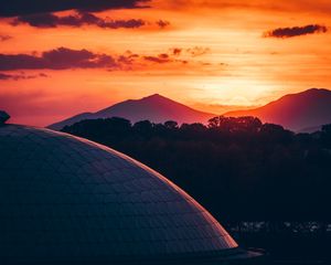 Preview wallpaper building, architecture, roof, sunset, mountains, trees