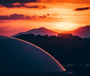 Preview wallpaper building, architecture, roof, sunset, mountains, trees