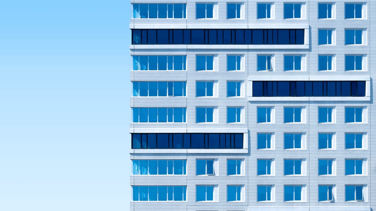 Wallpaper building, architecture, sky, minimalism, blue, aesthetic