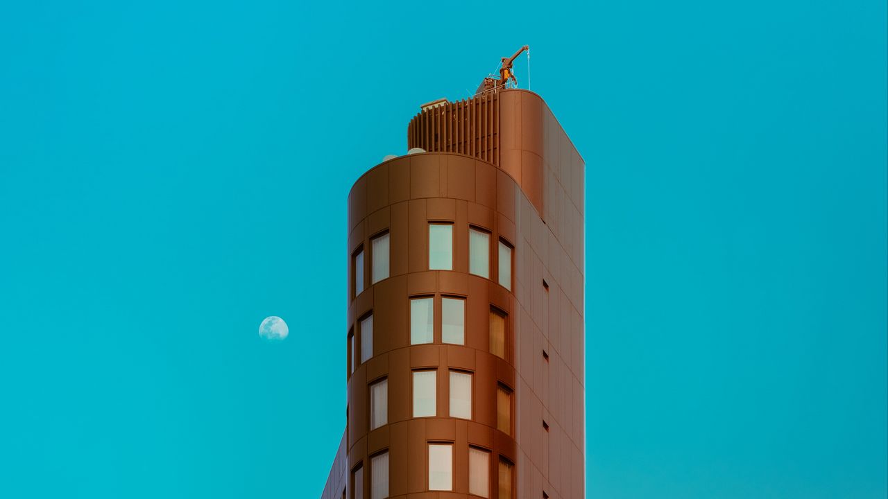 Wallpaper building, architecture, sky, moon, minimalism