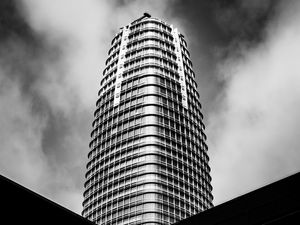 Preview wallpaper building, architecture, skyscraper, bottom view, black and white