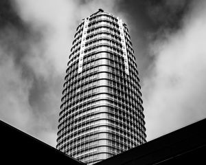 Preview wallpaper building, architecture, skyscraper, bottom view, black and white