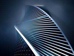 Preview wallpaper building, architecture, spiral, facade, fog, dark