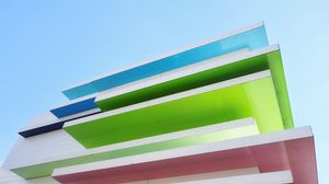 Preview wallpaper building, architecture, stripes, colorful, bottom view