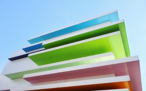 Preview wallpaper building, architecture, stripes, colorful, bottom view