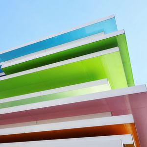 Preview wallpaper building, architecture, stripes, colorful, bottom view
