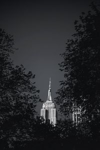 Preview wallpaper building, architecture, tree, leaves, black and white