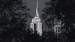 Preview wallpaper building, architecture, tree, leaves, black and white