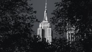 Preview wallpaper building, architecture, tree, leaves, black and white