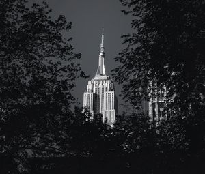 Preview wallpaper building, architecture, tree, leaves, black and white