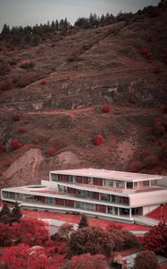 Preview wallpaper building, architecture, trees, mountain, slope