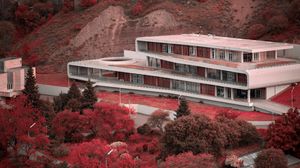 Preview wallpaper building, architecture, trees, mountain, slope