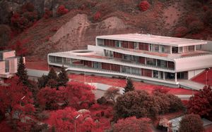 Preview wallpaper building, architecture, trees, mountain, slope