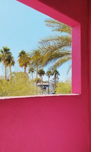 Preview wallpaper building, architecture, window, palm trees, tropics, pink