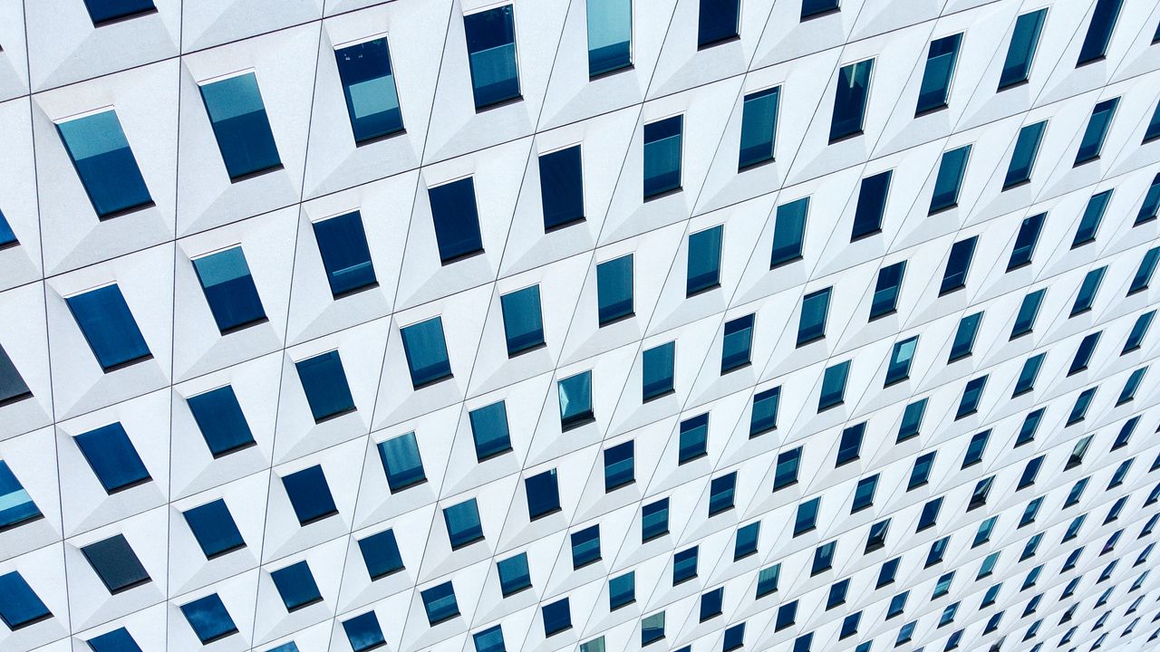 Wallpaper building, architecture, windows, white, blue