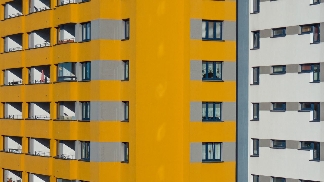 Wallpaper building, architecture, windows, yellow